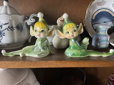 2 Vintage Japan Larger Ceramic Green Irridescent Elf Pixie Pixies MCM • $159.99