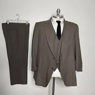 Vtg Sovereignty 3 Piece Suit Mens Brown Stripe Wool 50S 42W Big & Tall • $99.99