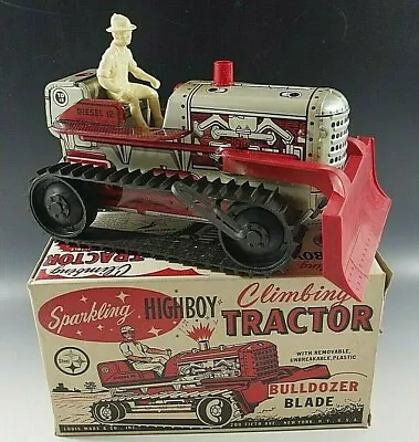 MARX 1950s CLIMBING TRACTOR SPARKLING BULLDOZER BLADE HIGHBOY WINDUP TOY TIN MIB • $312.43