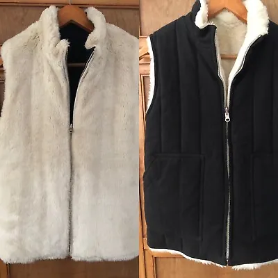 J Crew Women's Sz Medium M Black White Faux Fur Reversible Quilted Vest • $14.99