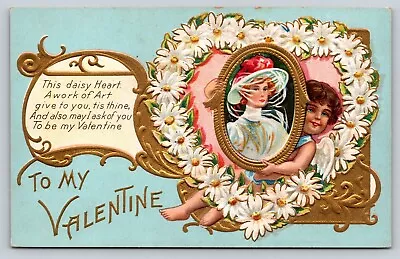 Lady Portrait Daisy Heart Cupid Valentine Series Embossed Gilt Antique Postcard • $32.95
