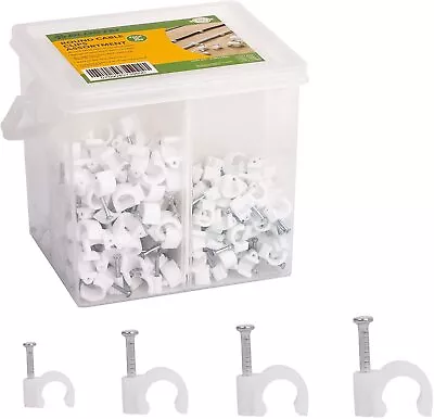 Plastic White Round Cable Clips Assortment 6mm 7mm 8mm 10mm Fixing Nails 400pcs • £5.99