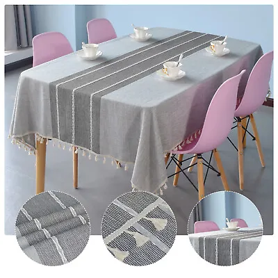 Large Cotton Table Cover Party Kitchen Tablecloth Striped Tassel Home Dust Cover • £15.79