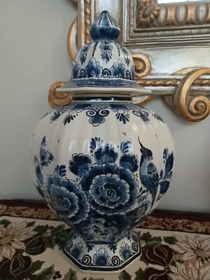 Vintage Holland Blue Flowers Peacock Delft Ginger Jar Urn Hand Painted  16 1/2  • $285