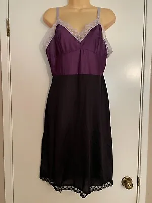 $9.99 • Buy Vtg 38 L Purple Bodice With Black Skirt Full Slip Dress Lace Shiny Nylon