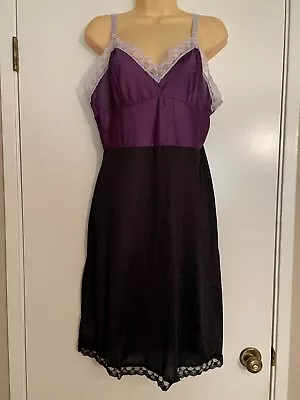 $9.99 • Buy Vtg 38 L Purple Bodice With Black Skirt Full Slip Dress Lace Shiny Nylon