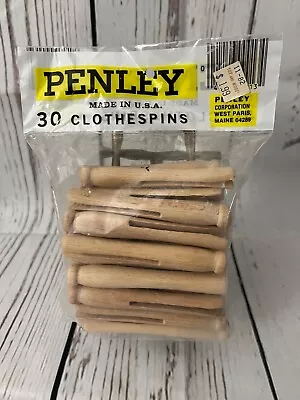 Vintage Penley 30 4  Wooden Round Flat Slotted Clothespins Maine USA SEALED NEW! • $8.95