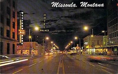 Nite Scene Looking West On Broadway Missoula Montana Posted 1971 • $4.99