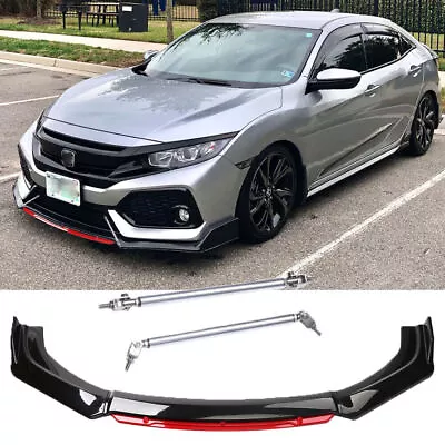 Front Bumper Lip Spoiler Splitter Gloss Black Red + Strut Rods For Honda Civic • £66.59