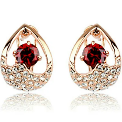 Red Omega Back Earrings Rose Gold Finish Quality Jewellery UK January Birthstone • £18.50
