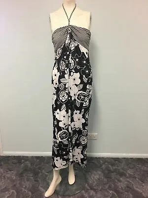 Hot Options Black & White Floral Pattern Halter Neck Maxi Dress Size 12 Stretchy • $17.99