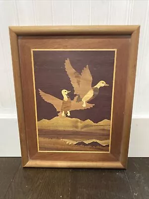 Marquetry Wood Inlay Ducks In Flight Picture Wall Hanging Framed 12  X 15  • $35