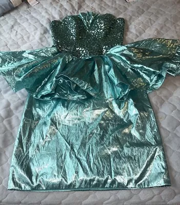 1989 Mike Benet Formals Aqua Lame’ Sequin Peplum Dress Vintage Sz 12 Fits 6/8 • $149.99