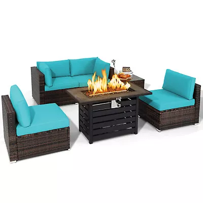 6PCS Patio Rattan Furniture Set W/Propane Fire Pit Table 50000 BTU Heat Output • $799.49