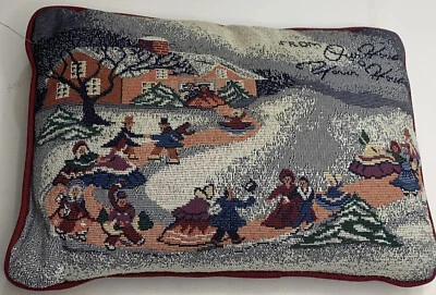 $9.99 • Buy Vtg Christmas Winter Pillow Tapestry Old World Ice Skate Pond Cottagecore Snow