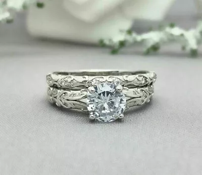 Vintage Style 1.5CT White Round CZ Wedding Ring With Matching Band In 925 Silver • $102.40