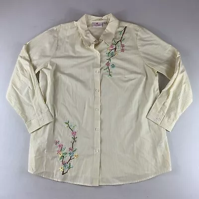 Quaker Factory Button Up Shirt Womens Xl Yellow Striped Embroidered Flowers • $4