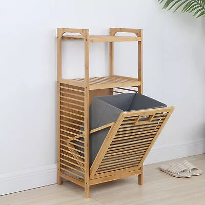 Bamboo Bathroom Laundry Hamper Cabinet Tilt Out Basket Storage With 2-Tier Shelf • $68