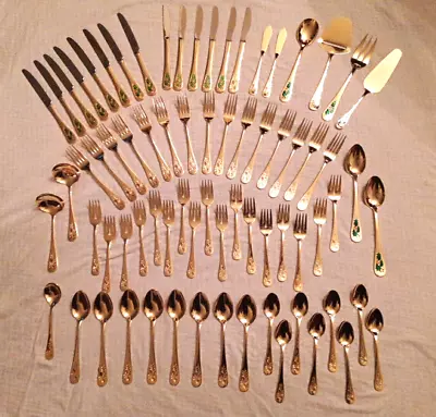 Vtg HOLLYBERRY Flatware 73 Pc Holiday Gold Electroplate Stainless Steel Japan • $50