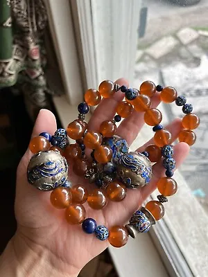 Large Vintage Honey Amber Bead Necklace With Enameled Oriental Lapis Lazuli • $220