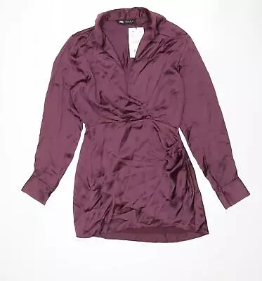 Zara Womens Purple Polyester Shirt Dress Size S Collared Zip • £6