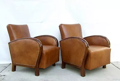 Pair Art Deco Leather Armchairs. Club Cocktail Chairs. Antique Vintage Halabala • $3151.81