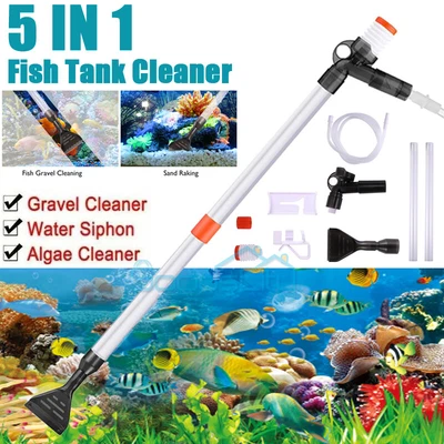 $19.85 • Buy 5IN1 Aquarium Fish Tank Siphon Pump Vacuum Gravel Water Filter Cleaner With Pipe