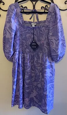 Ava & Viv Purple Swirl Dress Smocked Puff Sleeve Fit & Flare Womens Size X Nwt • $22.95