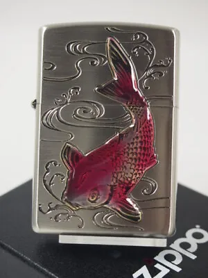 Zippo Oil Lighter Carp Silver Red Epoxy Mirror Finish Regular Case Japan • £90.66