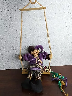 Vintage Mardi Gras Jester Doll Dwarf Purple On Swing Carnival Puppet Strings • $29.77