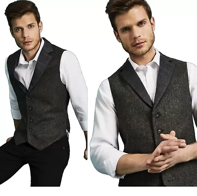 Mens Wool Tweed Waistcoat Wool Formal Vintage Tailored Vest Hospitality Lapel • £17.99