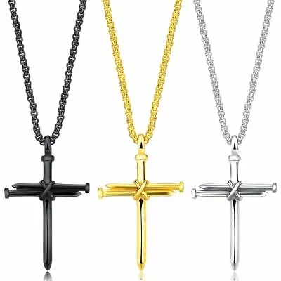 Mens Christ Jesus Nail Rope Cross Pendant Necklace Stainless Steel Box Chain 24  • $6.99