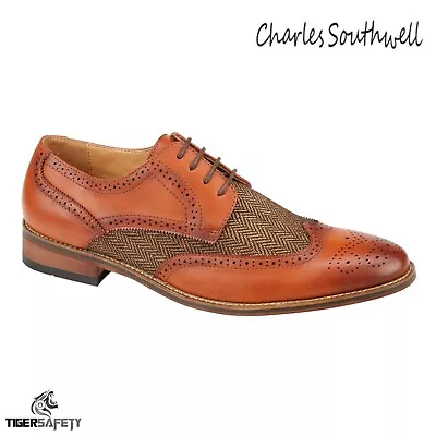Charles Southwell Durham Men's Quality Tan Leather & Tweed Oxford Brogue Shoes • £29.99