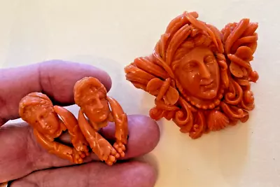 Antique Carved Coral Large Brooch W Matching Screw Back Earrings BIN • $3875