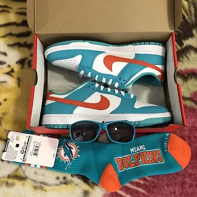 Size 12 - Nike Dunk Low Miami Dolphins With Socks/Shades • $159