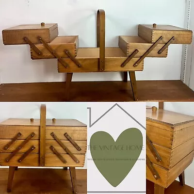 Vintage Retro MCM Wooden Cantilever Sewing Craft Box On Legs Expanding • £48.99