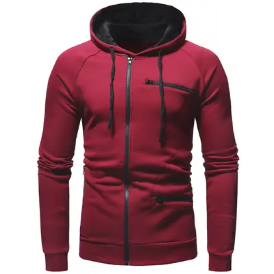 Mens Fitness Zipper Hoodie Slim Solid Color Jackets Hooded Sports Casual Coats • $29.42