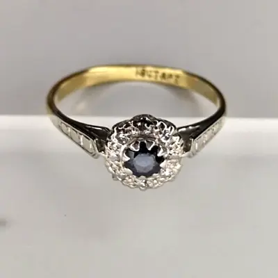 18ct Gold Ring Platinum Sapphire Diamond Cluster Ring Size L - Yellow Gold • $441.75