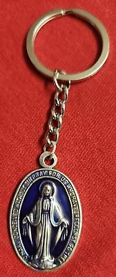 Catholic Miraculous Mary Large Blue Enamel Silver Tone Medal Key Ring Italy • $12.99