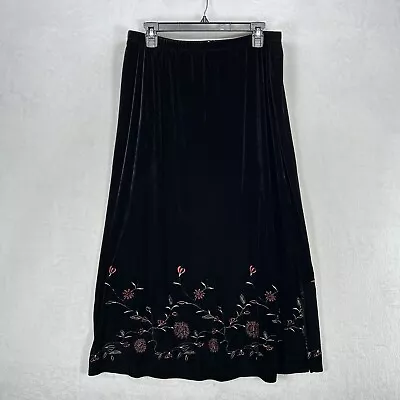 Vintage Notations Skirt Womens XL Black Velvet Floral Embroidered Midi Slits • $26