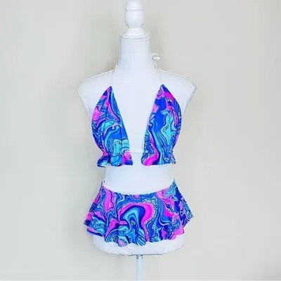 DubLuv Blue Pink & White Marble Triangle Top & Skort Booty Shorts Skirt Rave Set • $65