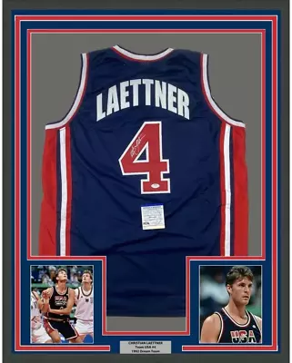 FRAMED Autographed/Signed CHRISTIAN LAETTNER 33x42 Team USA Blue Jersey JSA COA • $399.99
