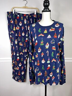 Hanna Anderson Adult Christmas Ornaments  Blue Knit Pajama Set Flannel  XXL 2X • $41.97