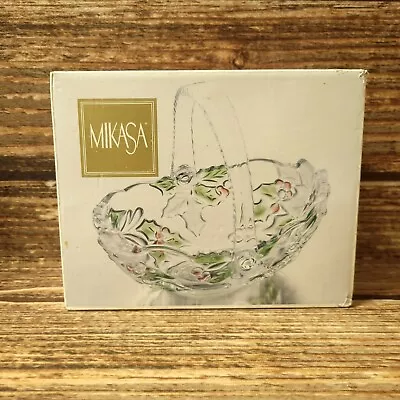 Mikasa Christmas Serving Basket Holiday Bloom Holly Green Red Oval Handle 8  • $12