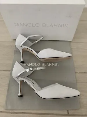 Manolo Blahnik Suede Anzia Pump Sandal Shoe Heel White Silver New W Box 37 Rare  • $168