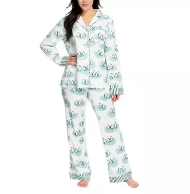 Munki Munki Ladies Flannel Pajamas Penguins Theme Print 2-Piece Set MEDIUM • $51.99