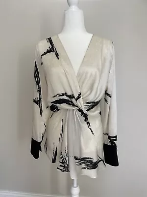 Zara Silky Draped Blouse White Black Abstract Print  Size M • $20