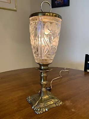 MCM Clear Cut Crystal Lidded Hurricane Table Lamp Brass Base 17.25  Tall • $60