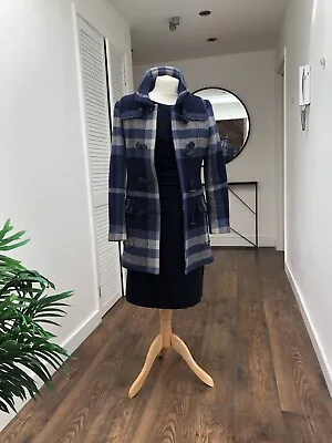 £39 • Buy Burberry Authentic Wool Navy Checked Plaid Duffle Coat Size M