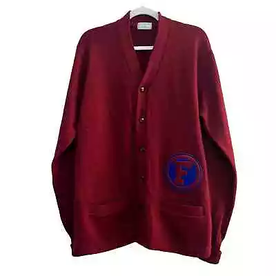 VINTAGE VICTOR KNIT MILLS Mens L Maroon Letterman F Button Front College Sweater • $37.97